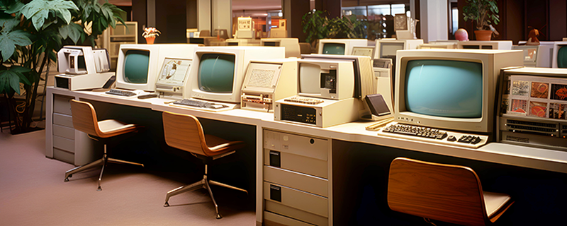 Aula de clases de informática de antaño, con computadoras personales en los escritorios. Ilustra cómo se aprendía en el pasado.